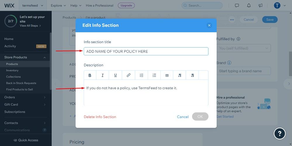 TermsFeed Wix: Dashboard - Product page with Add an Info Section - Editor opened  selected highlighted