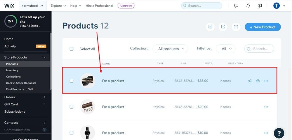 TermsFeed Wix: Dashboard - Products - Product selected highlighted