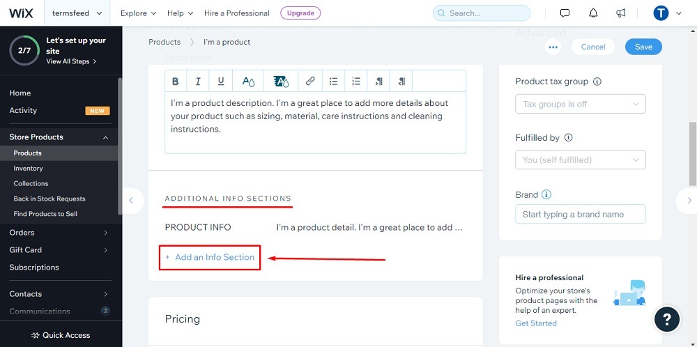 TermsFeed Wix: Dashboard - Product page - Additional Info Sections with Add and Infor Section highlighted