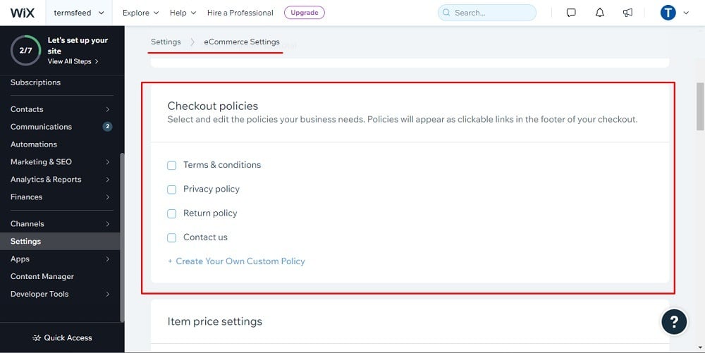 TermsFeed Wix: Dashboard Settings:Ecommerce and Finance - Store policies - Checkout policies highlighted