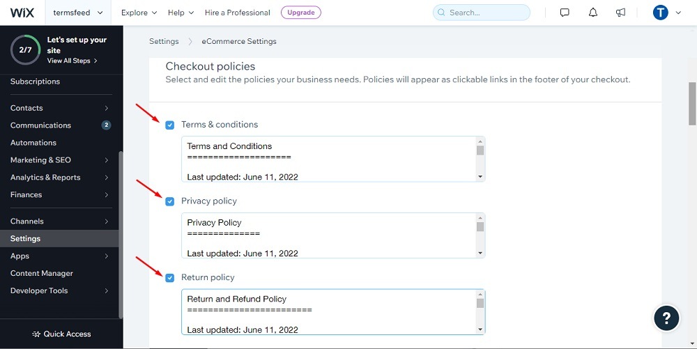 TermsFeed Wix: Dashboard Settings: Ecommerce and Finance - Store policies highlighted