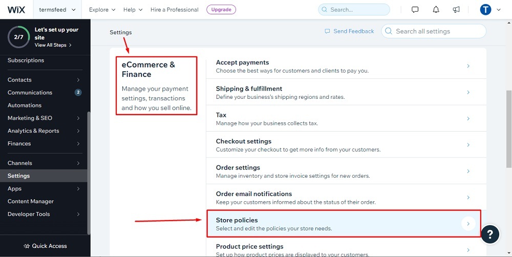 TermsFeed Wix: Settings - Ecommerce and Finance - Store policies highlighted in Dashboard