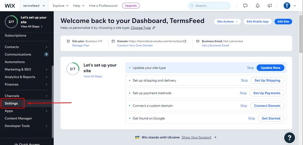TermsFeed Wix: Settings highlighted in Dashboard