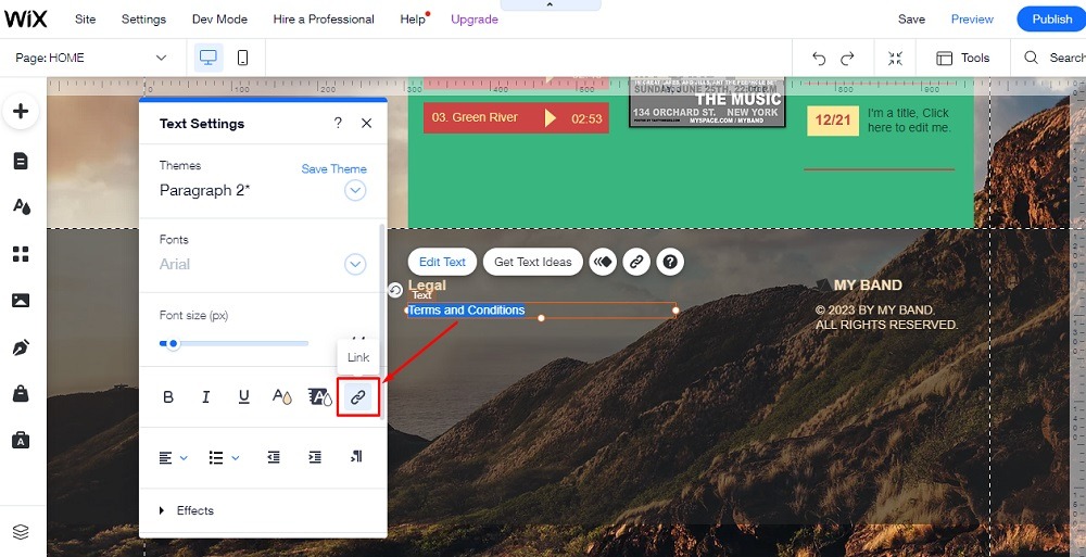 TermsFeed Wix Editor: Add to Site - Text Settings - Link Terms and Conditions highlighted
