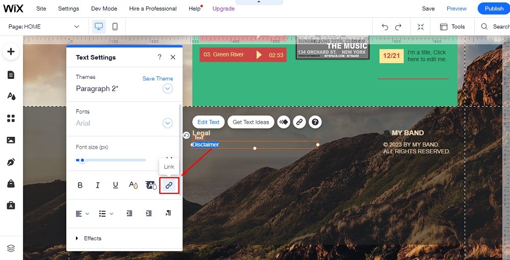 TermsFeed Wix Editor: Add to Site - Text Settings - Disclaimer Link highlighted