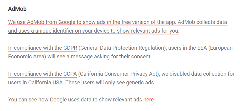 TimeTune Privacy Policy: AdMob clause