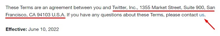 Twitter Terms of Service with Contact address and contact form highlighted