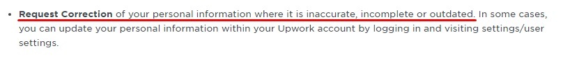 Upwork Privacy Policy: Data Subject Rights clause - Request Correction section