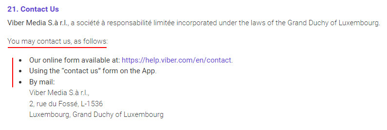 Viber Terms of Service: Contact Us clause
