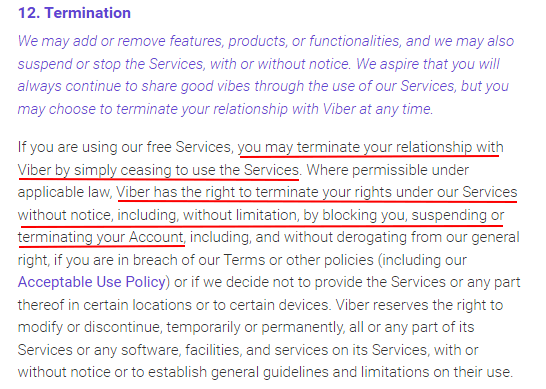 Viber Terms of Service: Termination clause