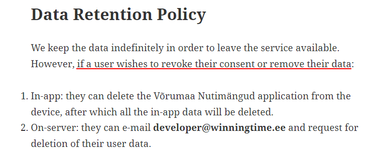 Vorumaa Nutimangud iOS App Privacy Policy: Data Retention Policy