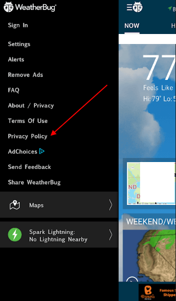 WeatherBug iOS app sidebar menu with Privacy Policy highlighted