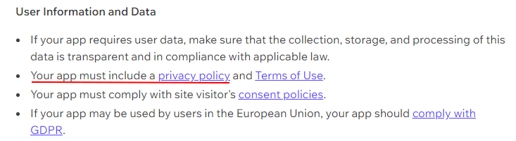 Wix App Market Guidelines: User Information and Data clause excerpt