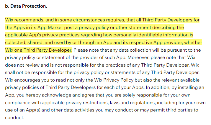 Wix App Market Terms of Use: Data Protection clause