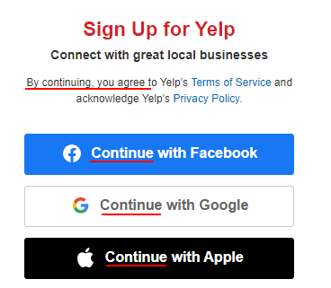 Yelp continue to sign up form with Agree section highlighted
