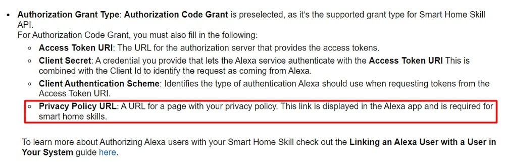 Amazon Alexa Blogs: Creating Your First Alexa Smart Home Skill with Privacy Policy URL section highlighted