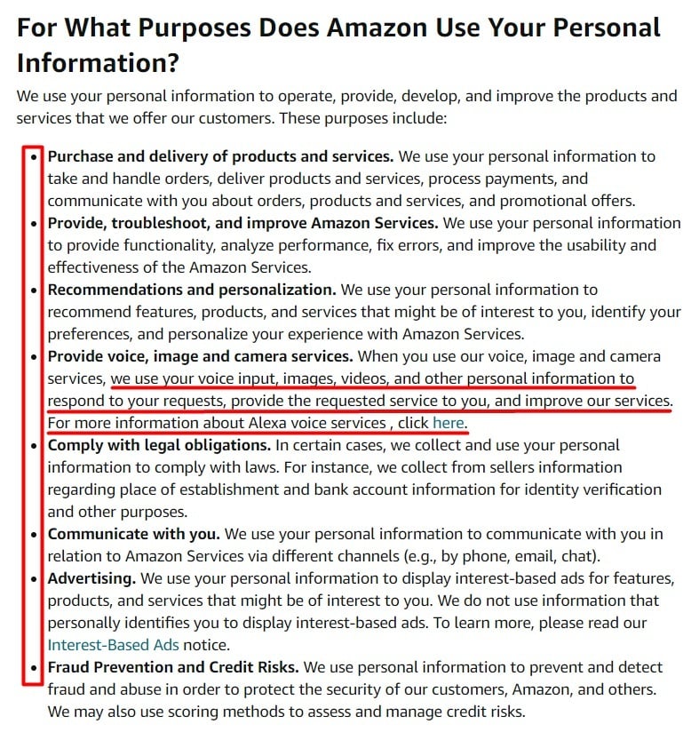 Amazon Privacy Notice: For What Purposes Does Amazon Use Your Personal Information clause with voice, images and videos section highlighted