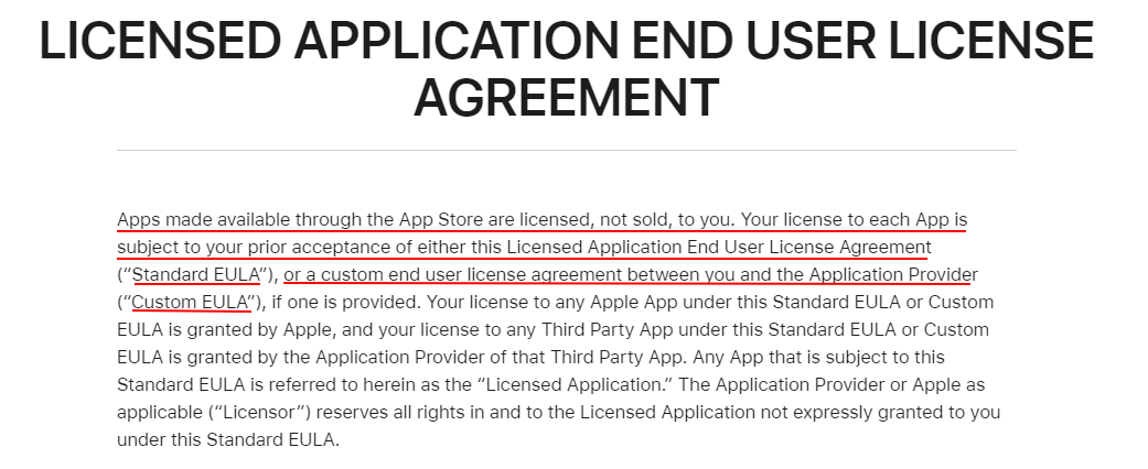 Apple Licensed Application EULA: Intro excerpt with Standard and Custom EULA