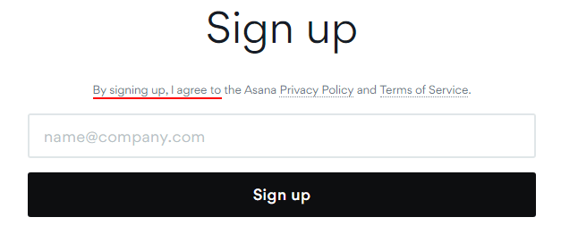 Asana Sign up form with Agree section highlighted