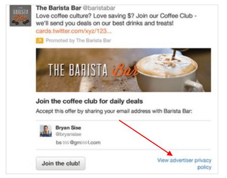 Barista Bar Twitter Lead Generation Card with Privacy Policy URL highlighted