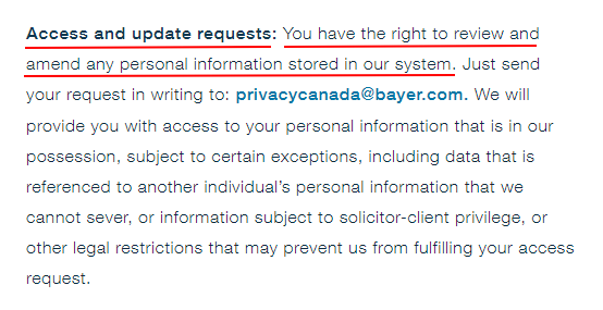 Bayer Canada Privacy Statement: Access and Update Requests clause