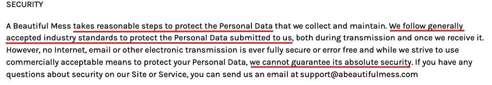 A Beautiful Mess Privacy Policy: Security clause