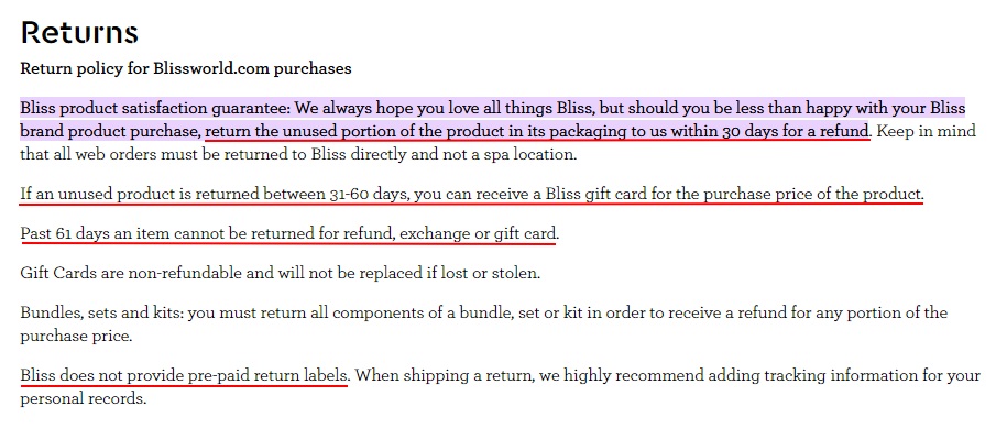 Bliss Return Policy excerpt