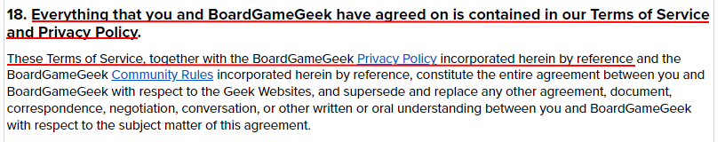 BoardGameGeek Terms of Service: Privacy Policy incorporated clause