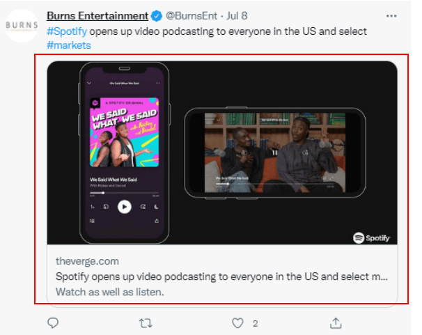 Burns Entertainment Twitter post: Summary card example