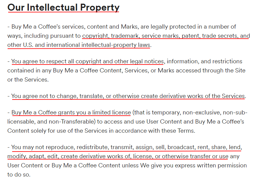 Buy Me a Coffee Terms of Use: Our Intellectual Property clause excerpt