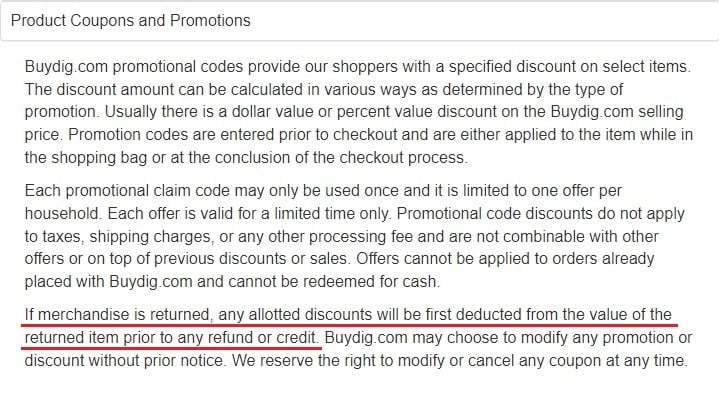 BuyDig Disclaimers: Product Coupons and Promotions section