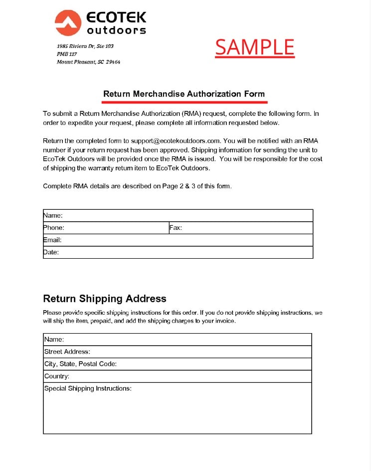 Ecotek Outdoors: Return Merchandise Authorization form screenshot