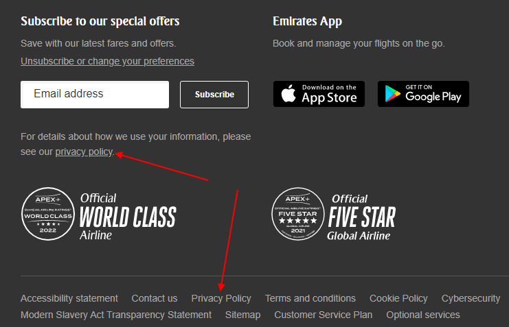 Emirates Airlines website footer with Privacy Policy URL highlighted twice