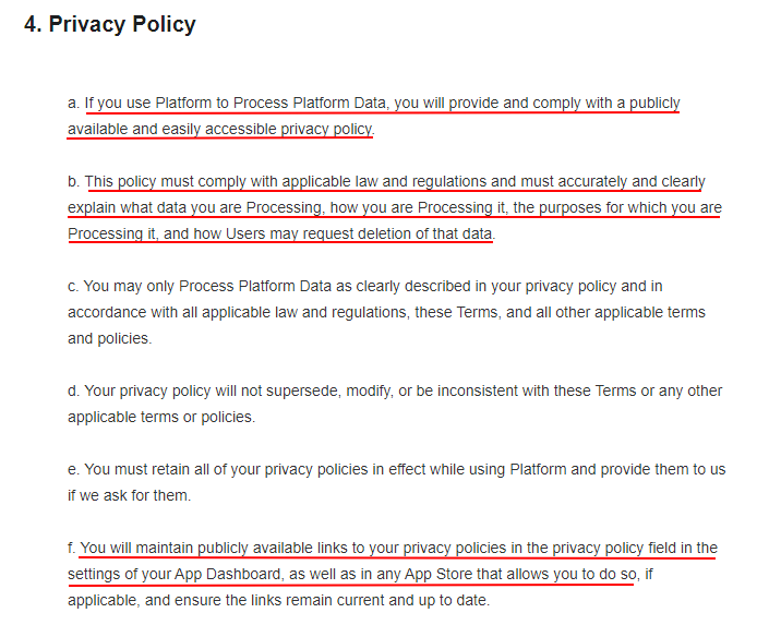 Facebook Meta for Developers Platform Terms: Privacy Policy section