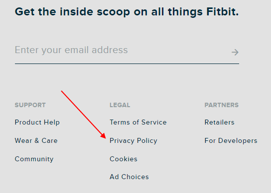 Fitbit website with Privacy Policy URL highlighted
