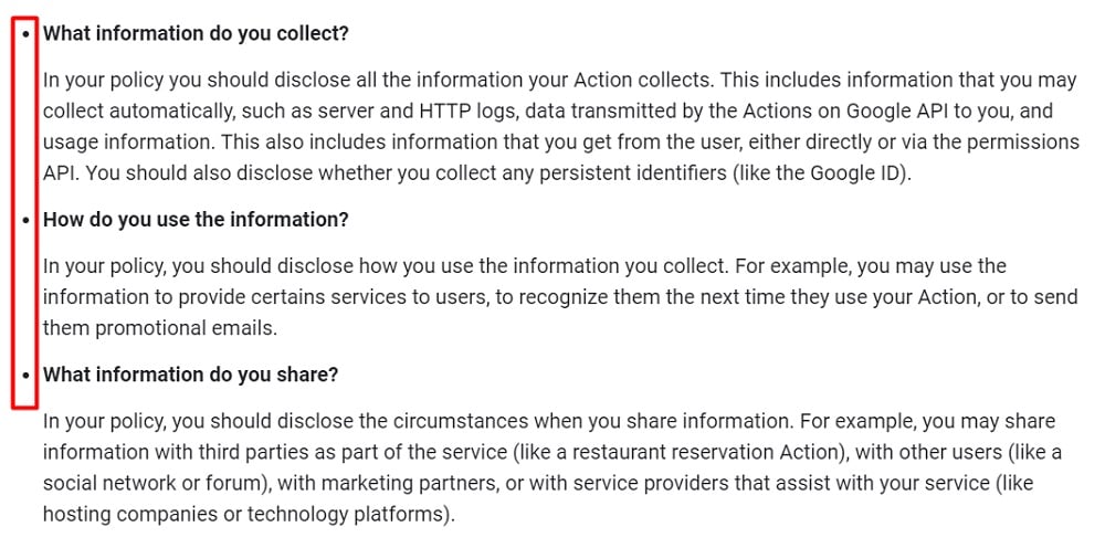 Google Assistant Privacy Policy Guidance: What a basic Privacy Policy should say section