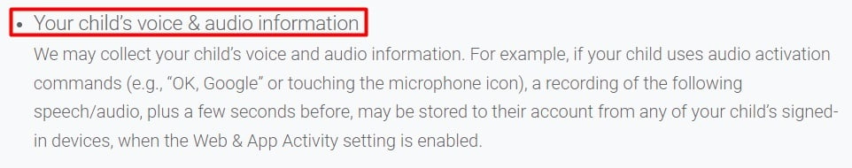 Google Family Link Privacy Notice: Information We Collect clause - Your child's voice and audio information section