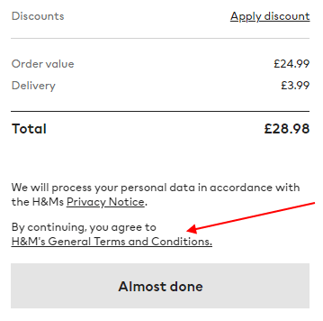 H and M UK checkout screen with Agree to Terms and Conditions section highlighted