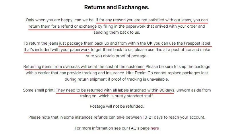 Hiut Denim Company Shipping Policy: Returns and Exchanges section