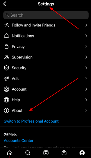 Instagram app with Settings and About menus highlighted