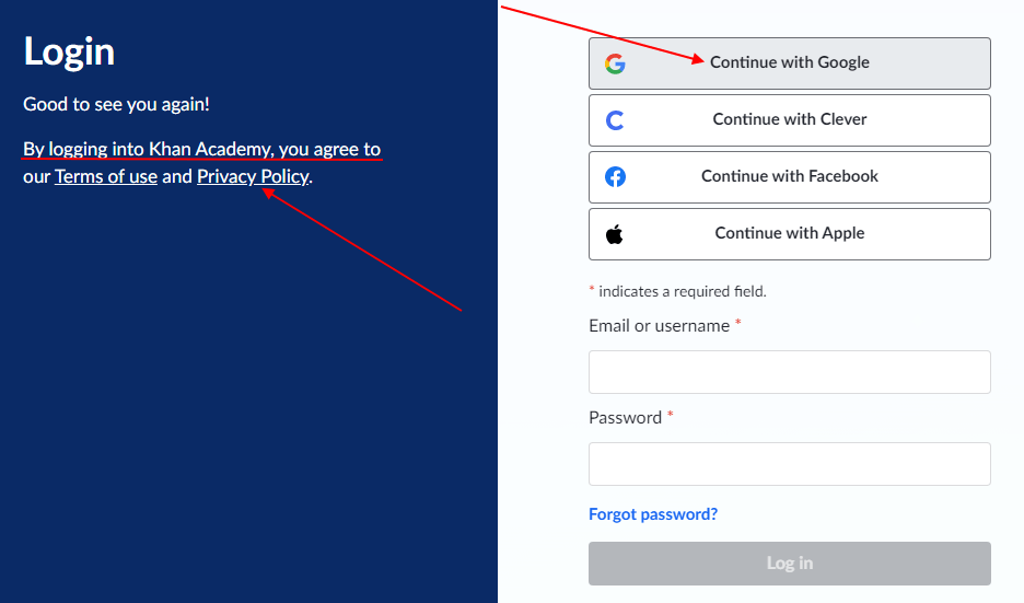 Khan Academy log in form with Google button and Privacy Policy URL highlighted