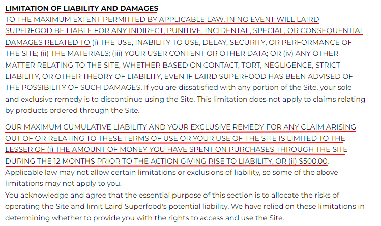 Laird Superfood Terms of Use: Limitation of Liability and Damages clause