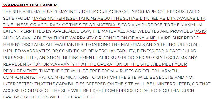 Laird Superfood Terms of Use: Warranty Disclaimer clause