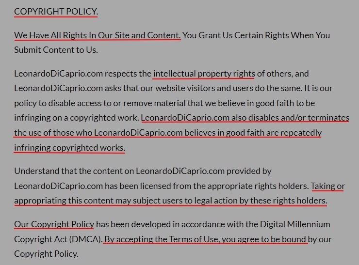 Leonardo DiCaprio Terms of Use: Copyright Policy clause