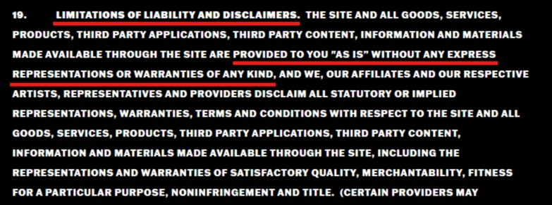 MileyWorld Terms of Use: Limitations of Liability Disclaimers clause excerpt