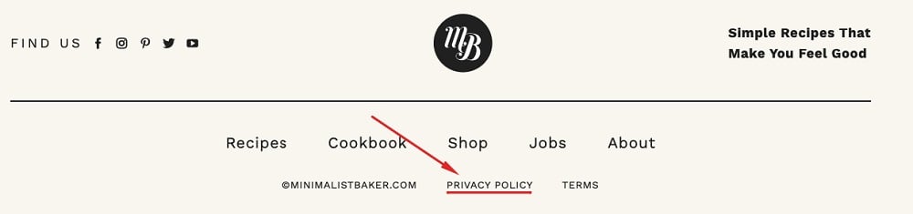 Minimalist Baker website footer with Privacy Policy link highlighted