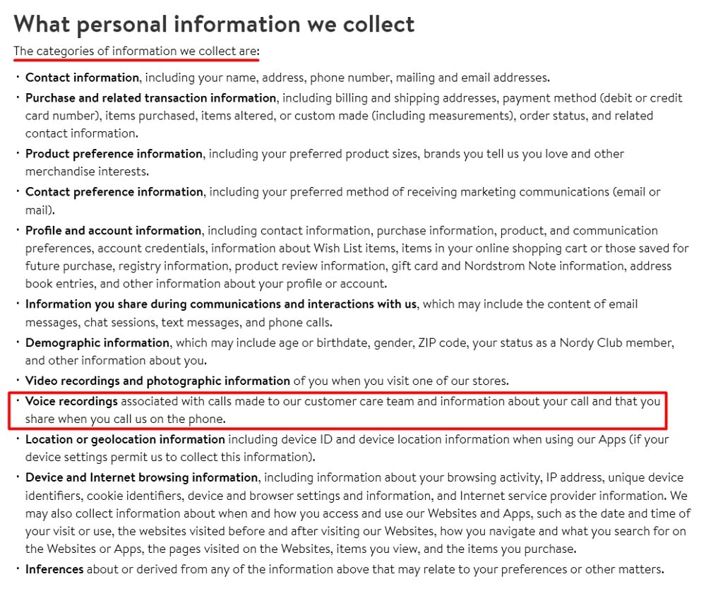 Nordstrom Privacy Policy: What personal information we collect clause with voice recordings section highlighted