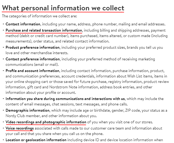 Nordstrom Privacy Policy: What personal information we collect clause excerpt