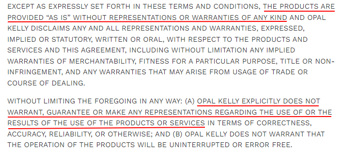 Opal Kelly Terms and Conditions: Warranty Disclaimer clause excerpt
