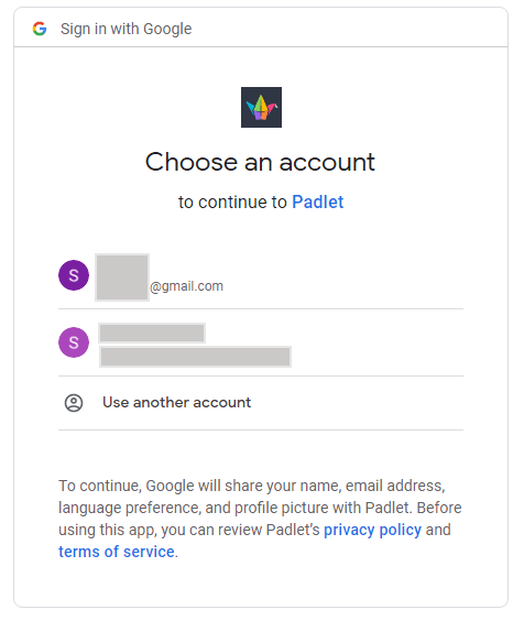 Padlet sign in with Google: Choose an account screen